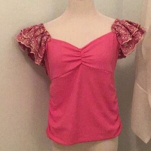 Bunulu - women’s pink with ivory embroidered ruffled lace top